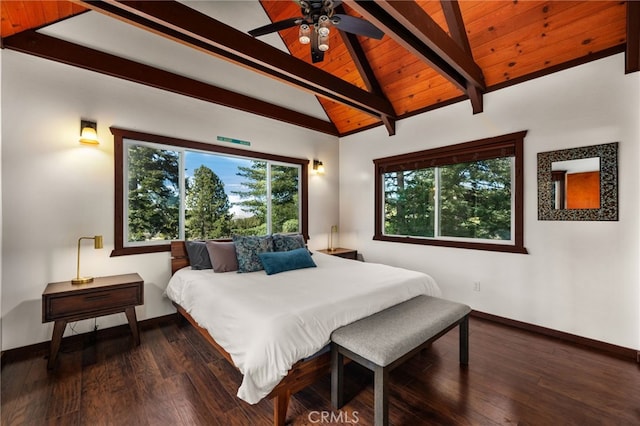 bedroom with hardwood / wood-style floors, wooden ceiling, vaulted ceiling with beams, and baseboards