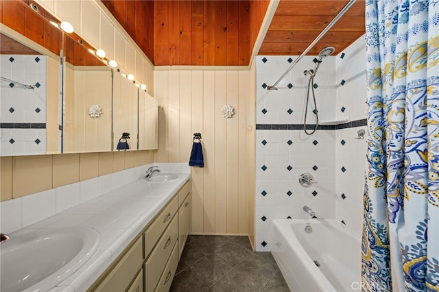 bathroom with wood walls, tile patterned flooring, vanity, shower / tub combo, and wood ceiling