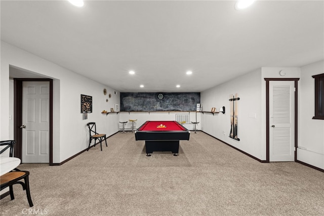 rec room featuring carpet floors, recessed lighting, pool table, and baseboards