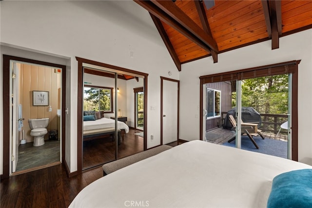 bedroom featuring dark wood-type flooring, beam ceiling, high vaulted ceiling, wooden ceiling, and access to exterior