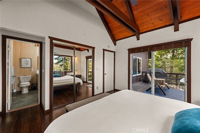 26834 Huron Rd, Lake Arrowhead, CA 92352 - bedroom featuring wood finished floors, access to exterior, multiple windows, beam ceiling, and high vaulted ceiling