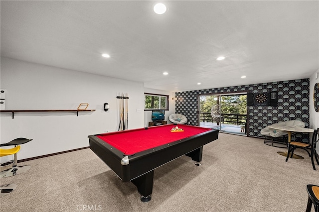 rec room featuring carpet floors, recessed lighting, pool table, and baseboards