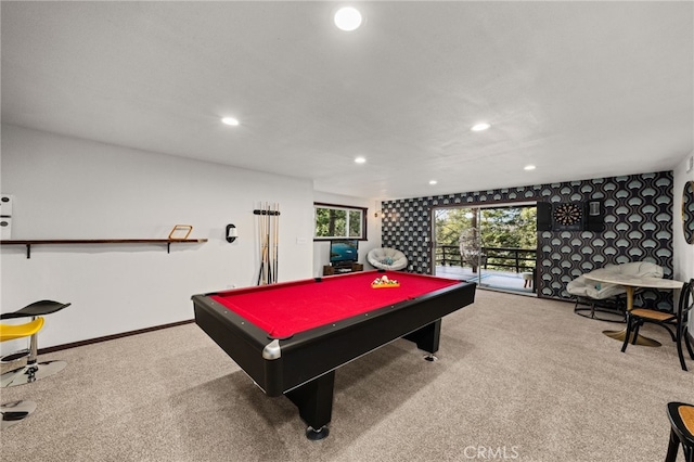 26834 Huron Rd, Lake Arrowhead, CA 92352 - playroom featuring carpet floors, recessed lighting, billiards table, and baseboards
