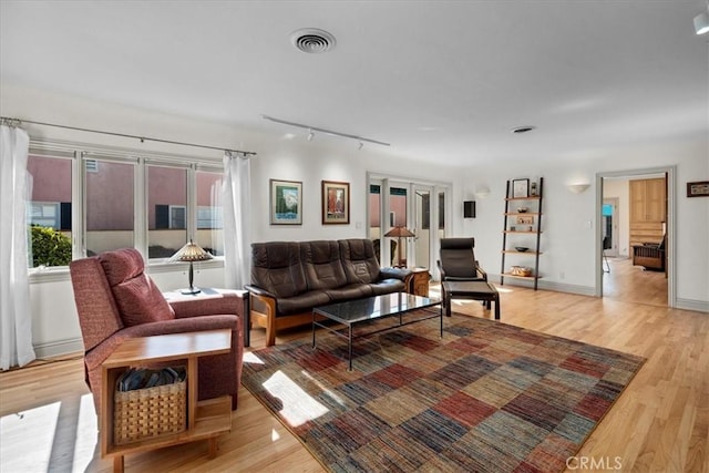 living room featuring light hardwood / wood-style floors and rail lighting