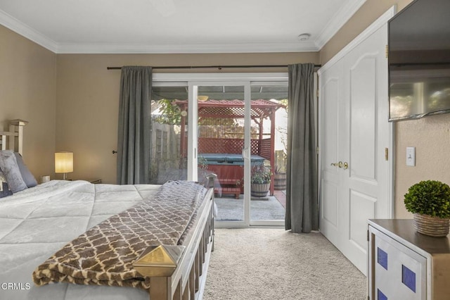 bedroom with ornamental molding, light carpet, and access to outside