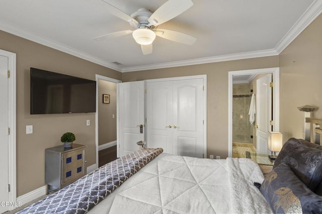 bedroom featuring ceiling fan, ornamental molding, ensuite bath, and a closet