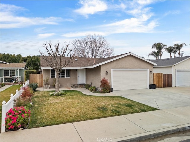 ranch-style home with a garage and a front lawn