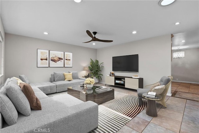 tiled living room with ceiling fan