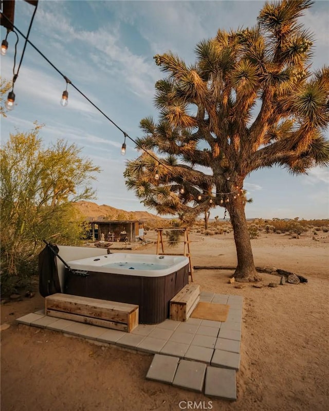 view of yard with a hot tub