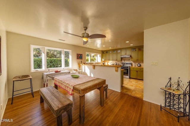 dining room featuring light hardwood / wood-style flooring and ceiling fan