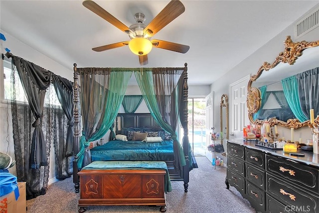 carpeted bedroom with ceiling fan and access to exterior