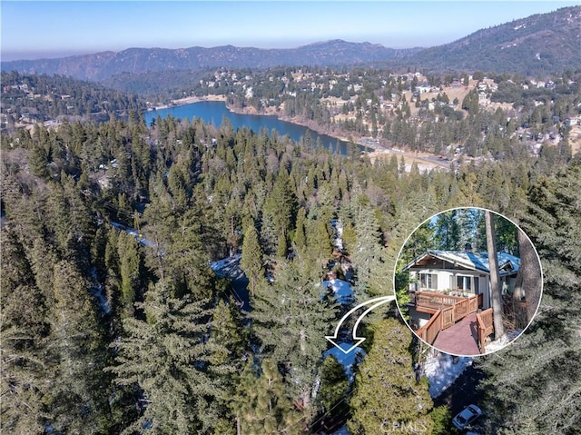 bird's eye view with a water and mountain view