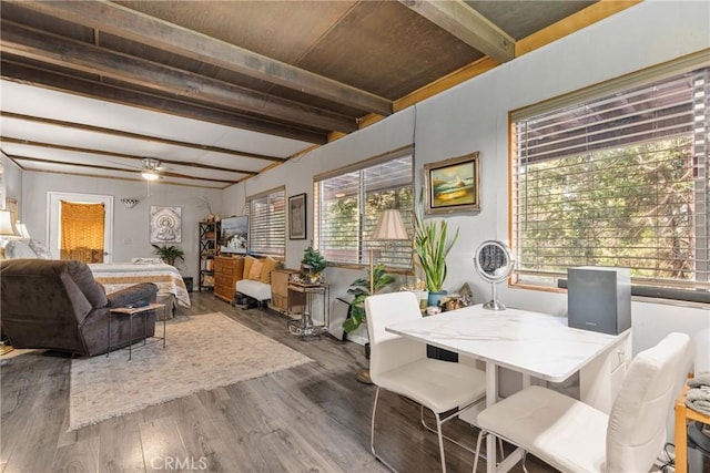 dining room featuring ceiling fan, hardwood / wood-style floors, and beam ceiling