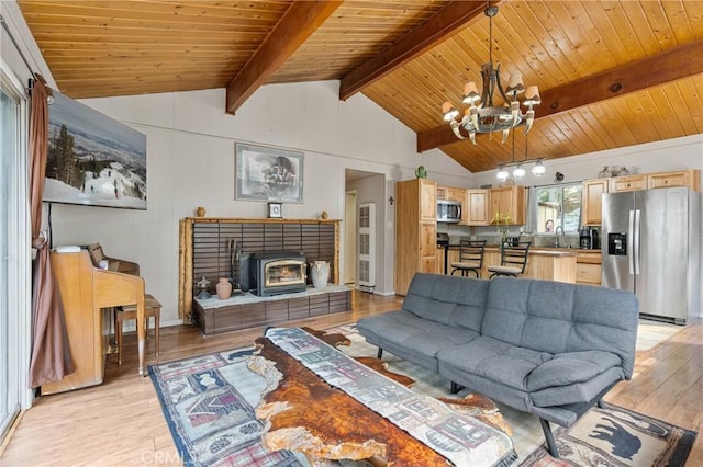 living room featuring sink, wood ceiling, lofted ceiling with beams, light hardwood / wood-style floors, and a chandelier