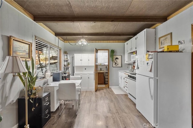 kitchen with beamed ceiling, white cabinetry, hanging light fixtures, light hardwood / wood-style floors, and white appliances