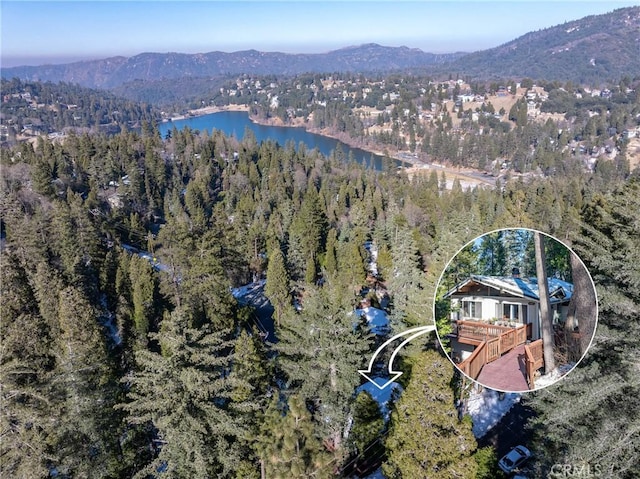 birds eye view of property with a water and mountain view