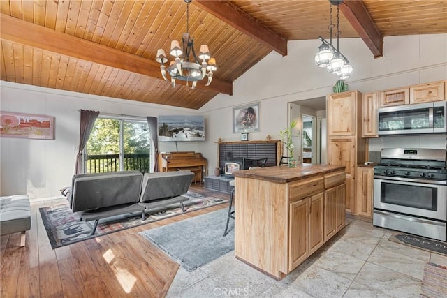 kitchen with hanging light fixtures, stainless steel appliances, wooden ceiling, and light brown cabinets