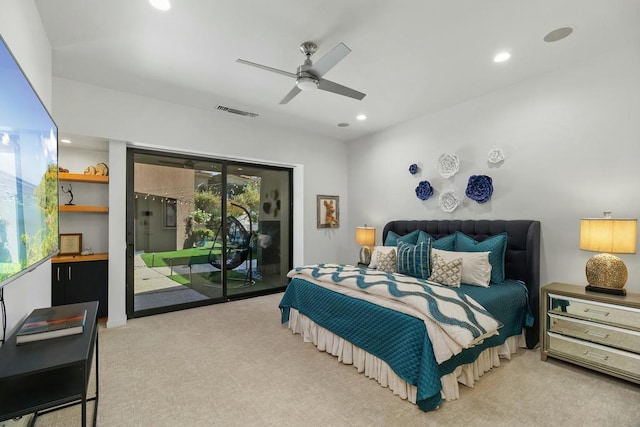 bedroom with ceiling fan, access to exterior, and light colored carpet