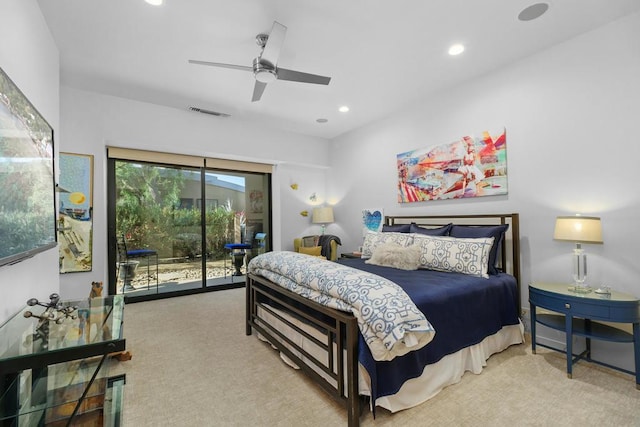 bedroom with access to outside, ceiling fan, and carpet flooring