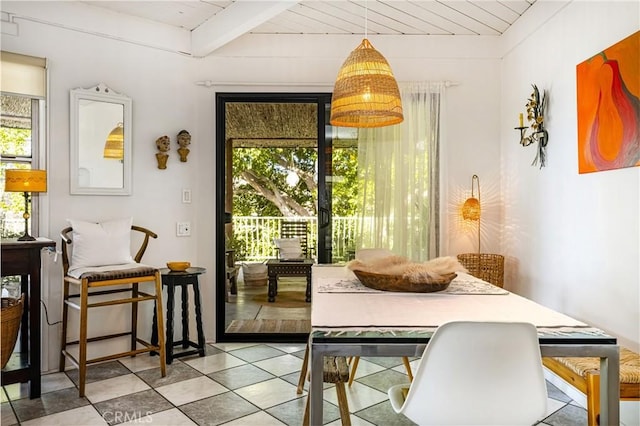 dining space featuring beam ceiling and wooden ceiling