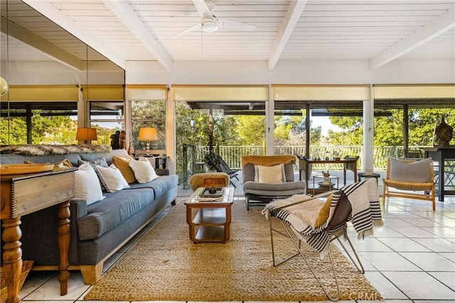 sunroom featuring beamed ceiling and ceiling fan