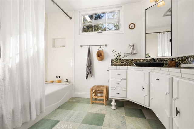 bathroom with vanity and shower / bath combination with curtain