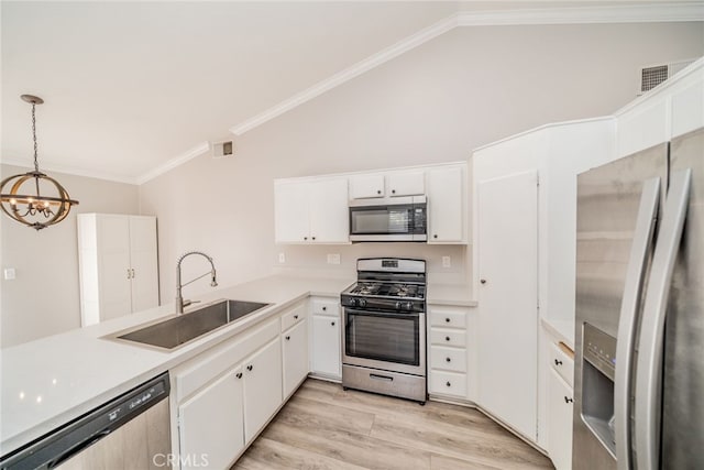 kitchen with stainless steel appliances, decorative light fixtures, sink, and white cabinets