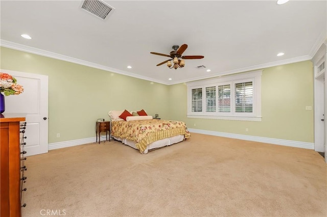 bedroom featuring ceiling fan, ornamental molding, and light carpet