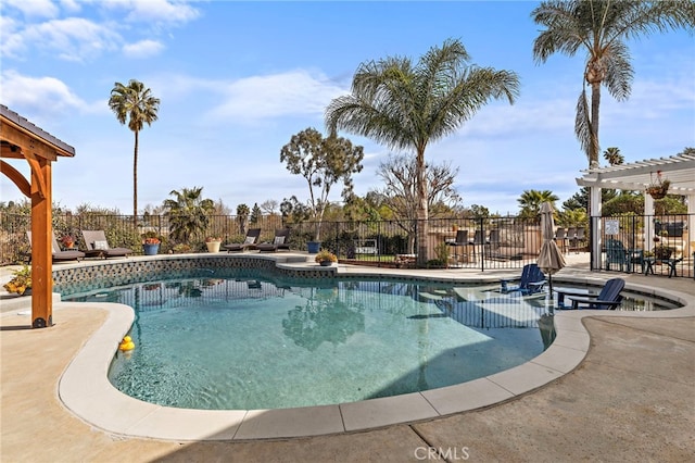 view of swimming pool featuring a fenced in pool, fence, and a pergola