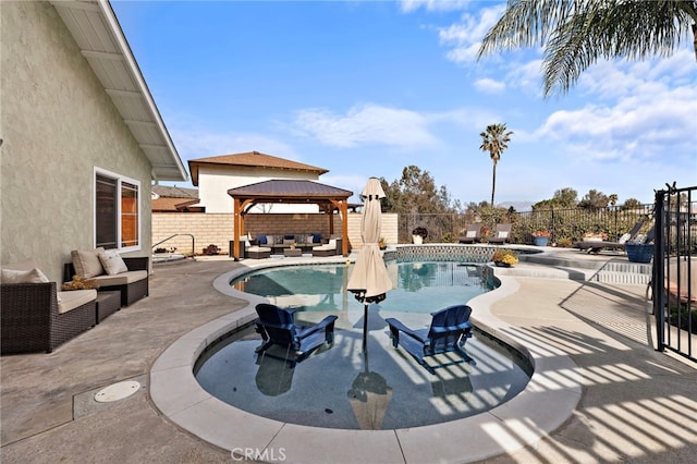 view of pool featuring a fenced in pool, a fenced backyard, a gazebo, a patio area, and an outdoor living space