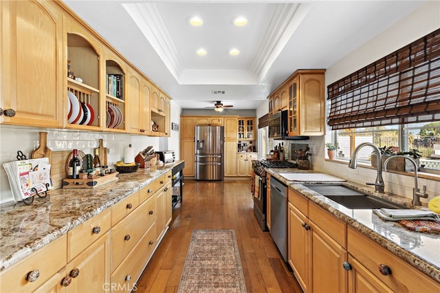 kitchen featuring a tray ceiling, appliances with stainless steel finishes, glass insert cabinets, ornamental molding, and a sink