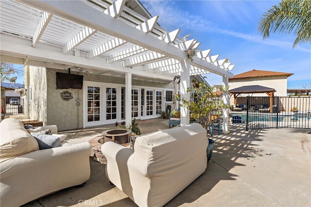 view of patio / terrace featuring a fenced in pool, french doors, fence, a pergola, and an outdoor living space