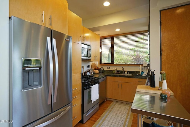 kitchen featuring sink, light hardwood / wood-style flooring, and appliances with stainless steel finishes