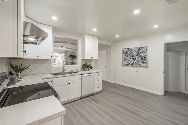 kitchen featuring dishwasher, sink, white cabinets, backsplash, and exhaust hood