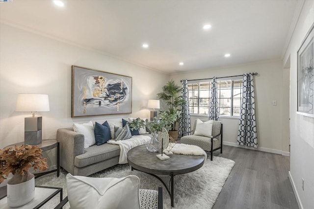 living room with ornamental molding and dark hardwood / wood-style flooring