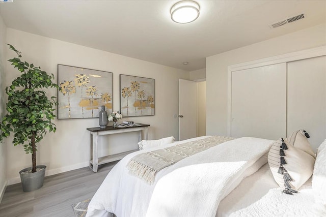 bedroom featuring wood-type flooring and a closet