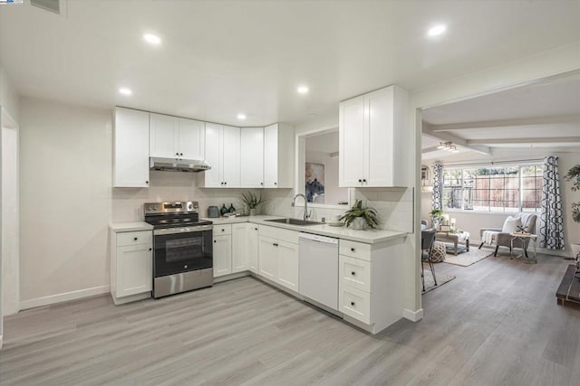 kitchen featuring sink, white cabinetry, white dishwasher, light hardwood / wood-style floors, and stainless steel range with electric cooktop