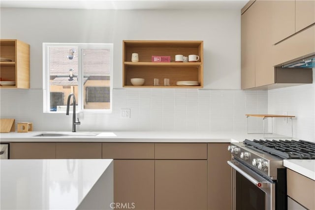 kitchen with tasteful backsplash, gas stove, and sink