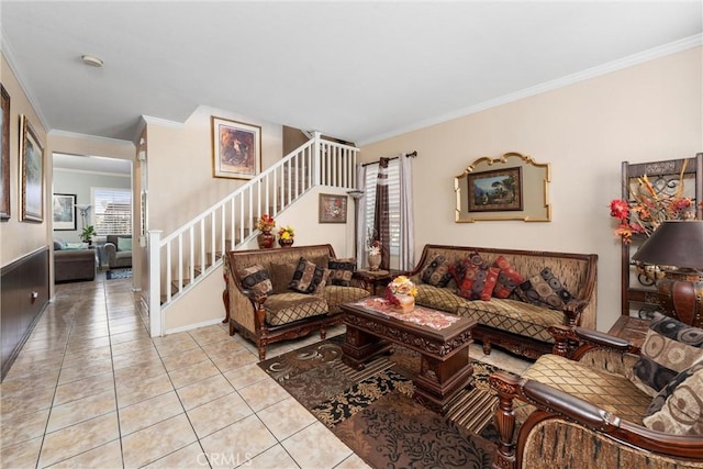 tiled living room featuring ornamental molding