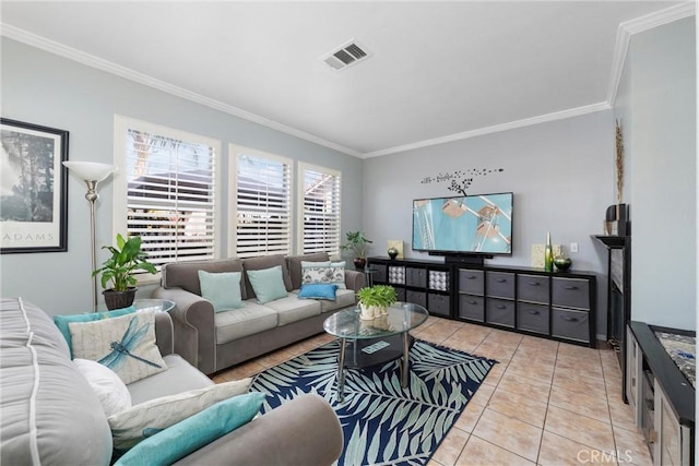 living room with crown molding and light tile patterned floors