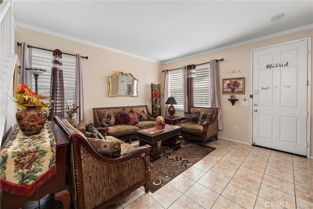 living room featuring light tile patterned floors and crown molding