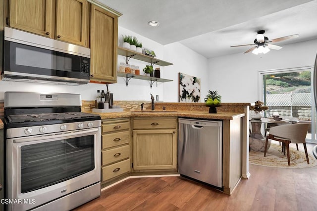 kitchen with ceiling fan, stainless steel appliances, sink, and hardwood / wood-style floors