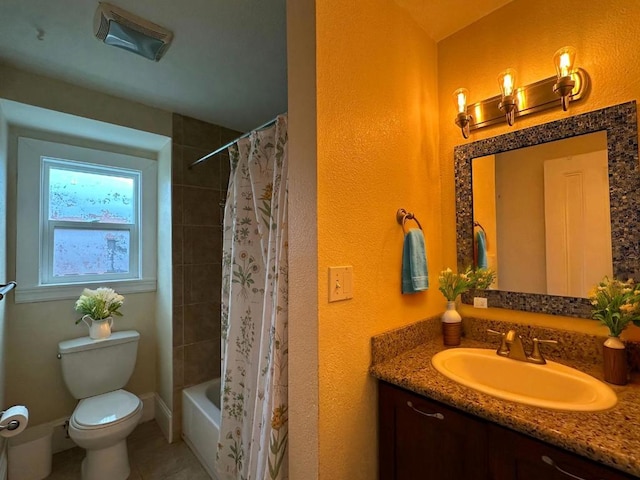 full bathroom featuring vanity, toilet, tile patterned flooring, and shower / bath combo with shower curtain