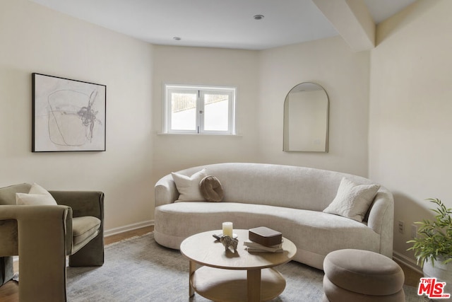 living room with beamed ceiling and hardwood / wood-style floors