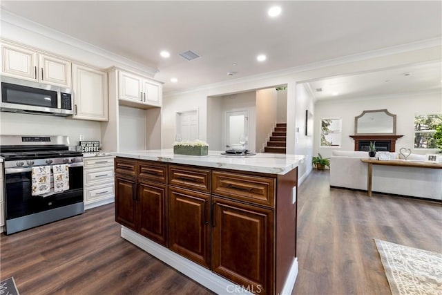 370 Auburn Dr, Lake Arrowhead, CA 92352 - kitchen with appliances with stainless steel finishes, dark wood-style floors, crown molding, open floor plan, and light stone countertops