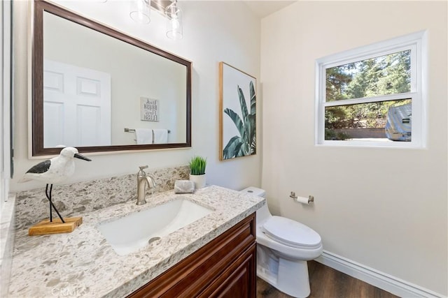 bathroom with vanity, hardwood / wood-style floors, and toilet