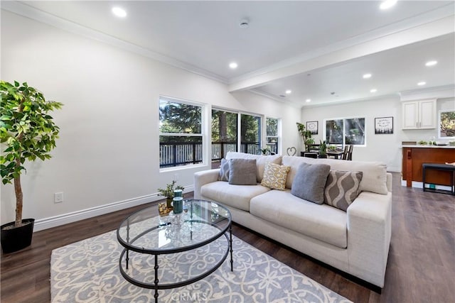 living room with crown molding, dark hardwood / wood-style floors, and beamed ceiling