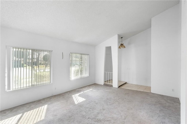 carpeted empty room featuring lofted ceiling