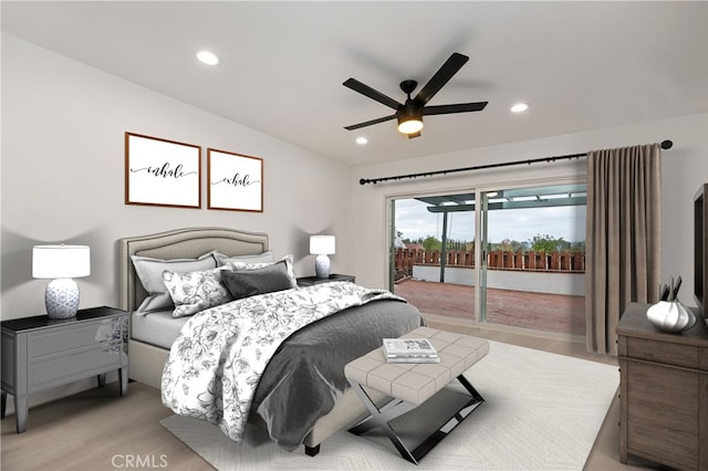 bedroom with light wood-type flooring, access to exterior, and ceiling fan