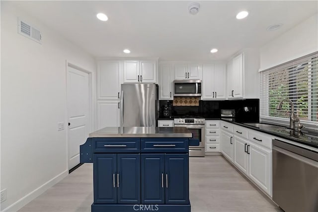 kitchen featuring blue cabinetry, sink, white cabinetry, a kitchen island, and stainless steel appliances